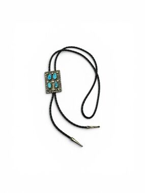 Vintage Fred Harvey Era Navajo Sterling Silver Turquoise Leather Bolo Tie